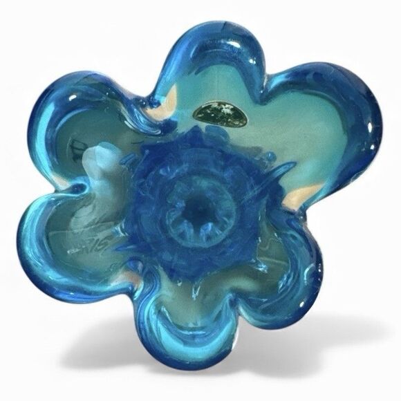 Vintage Murano Style Art Glass Vase Peacock Blue Sommerso Flared Rim Italy Label - Picture 5 of 10